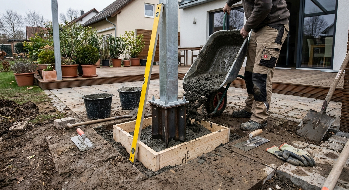 Stahlmast für Sonnensegel wird in Betonfundament eingesetzt