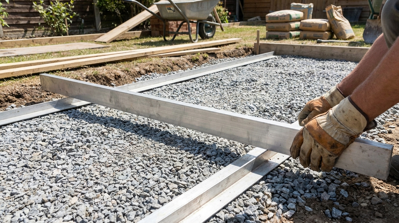 Splittbett wird mit Abziehlatte zwischen Schienen plan abgezogen