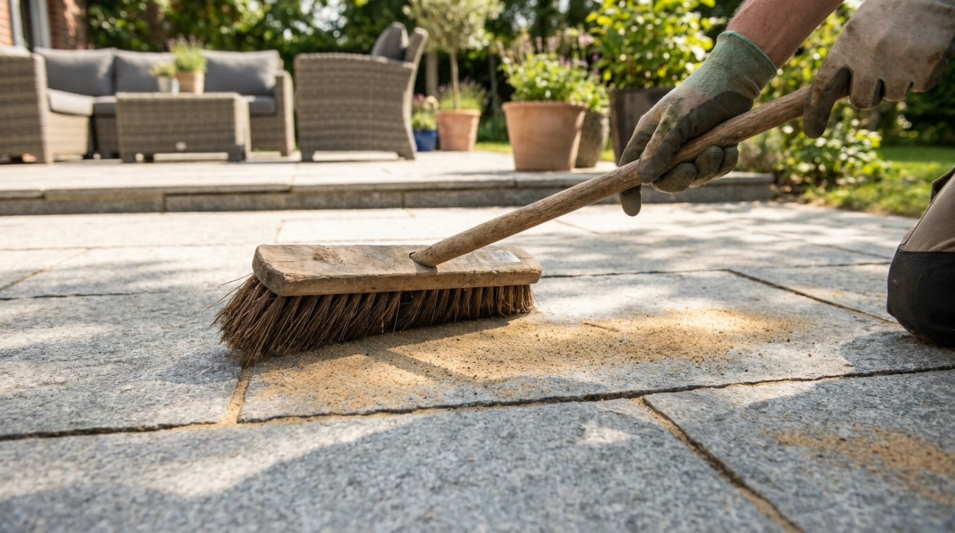 Fugensand wird mit einem Besen in die Fugen zwischen Terrassenplatten eingekehrt