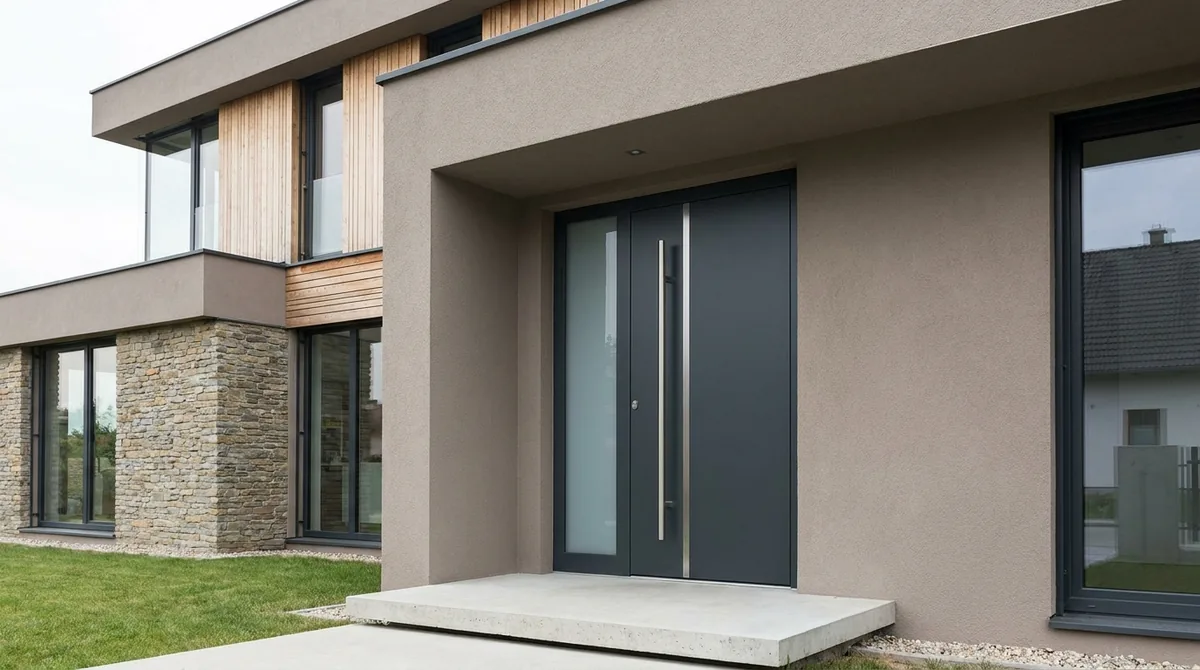 Elegante anthrazitfarbene Aluminium-Haustür mit Edelstahl-Griffleiste an einem modernen Haus