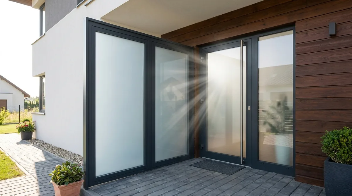 Moderne Haustür mit Glaseinsatz und Seitenteil aus Sicherheitsglas