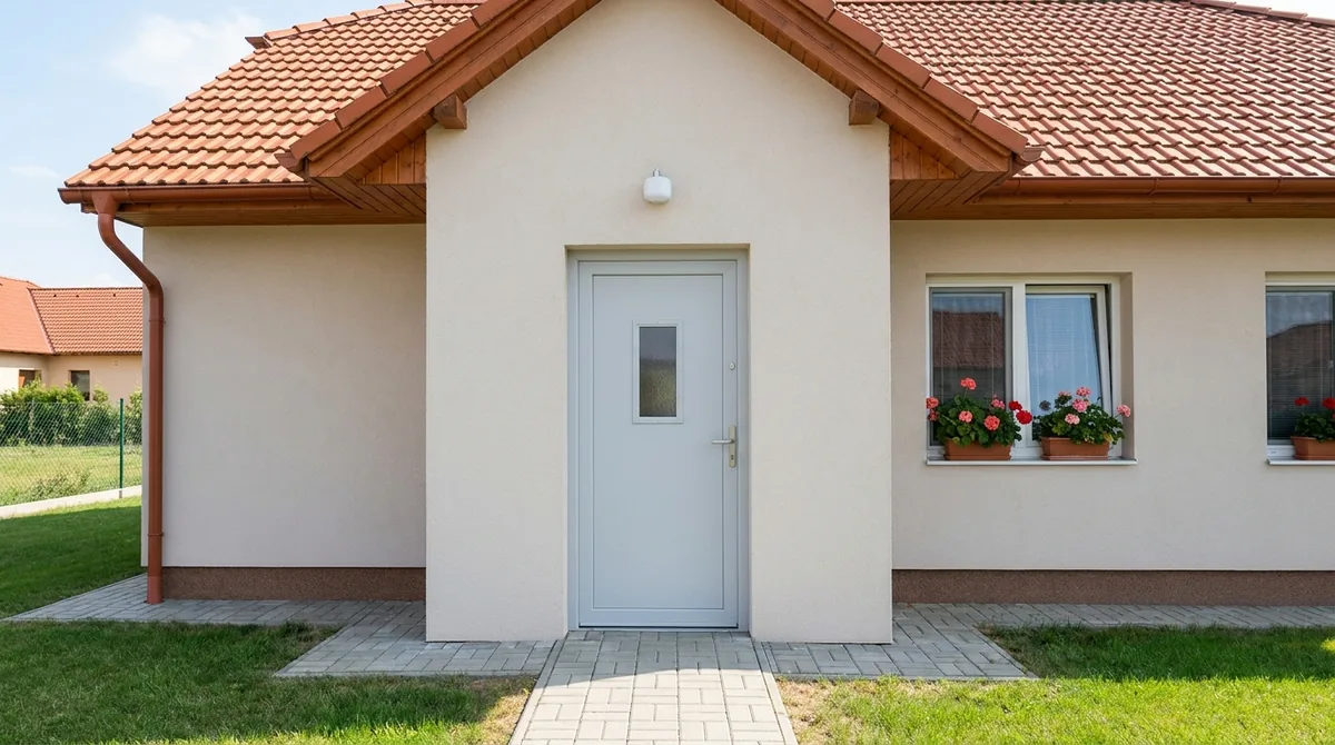 Schlichte günstige Kunststoff-Haustür an einem Einfamilienhaus