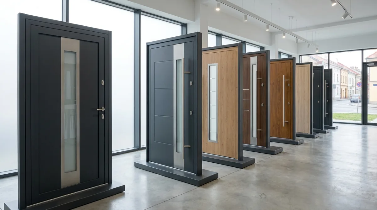 Ausgestellte moderne Haustüren als Mustertüren im Schauraum
