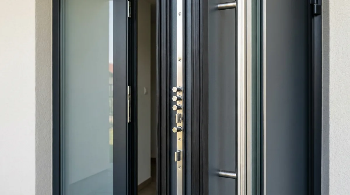 Kante eines modernen gedämmten Aluminium-Haustürblatts mit Mehrfachverriegelung und Dichtungen