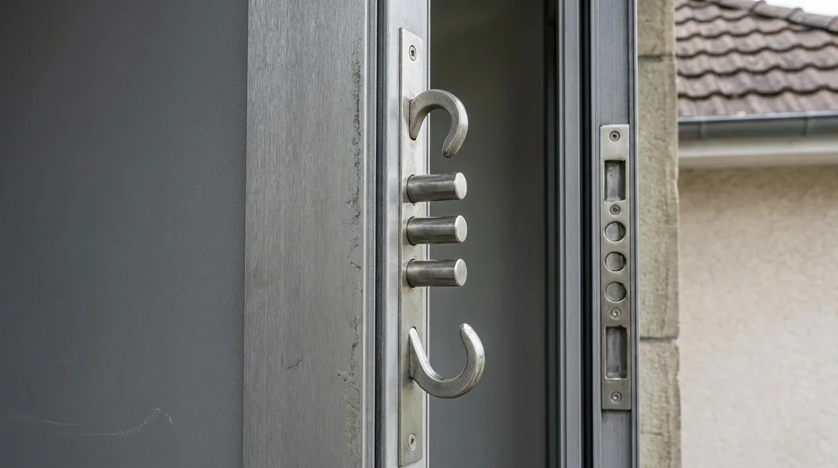 Mehrfachverriegelung an der Kante einer geöffneten Haustür mit Schwenkhaken und Bolzen