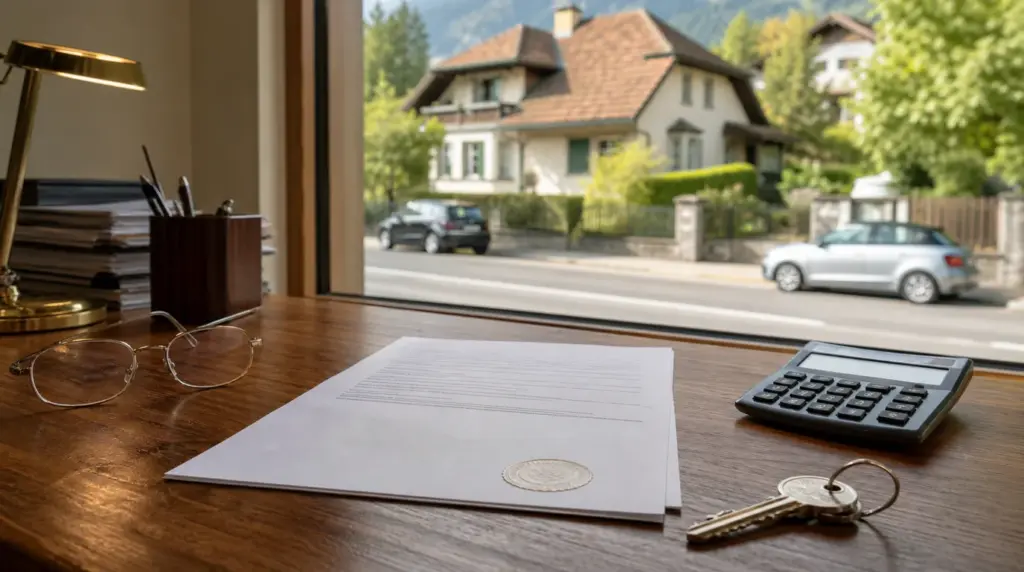 Kaufvertrag mit Amtssiegel, Hausschlüssel und Taschenrechner auf einem Schreibtisch, im Fenster ein Einfamilienhaus in österreichischer Alpenlandschaft