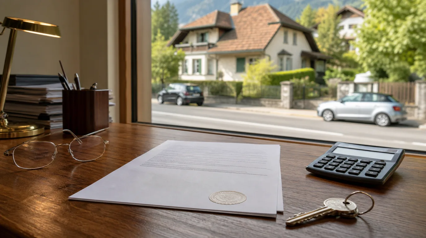 Kaufvertrag mit Amtssiegel, Hausschlüssel und Taschenrechner auf einem Schreibtisch, im Fenster ein Einfamilienhaus in österreichischer Alpenlandschaft