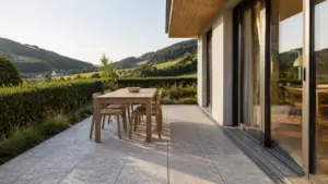 Terrasse aus hellen Natursteinplatten an einem Einfamilienhaus, mit Entwässerungsrinne vor der bodentiefen Terrassentür