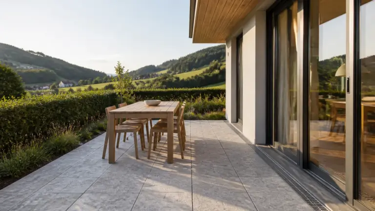 Terrasse aus hellen Natursteinplatten an einem Einfamilienhaus, mit Entwässerungsrinne vor der bodentiefen Terrassentür