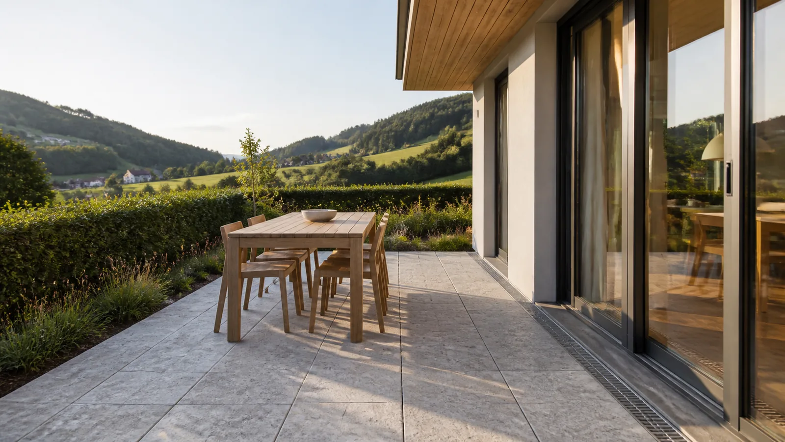 Terrasse aus hellen Natursteinplatten an einem Einfamilienhaus, mit Entwässerungsrinne vor der bodentiefen Terrassentür