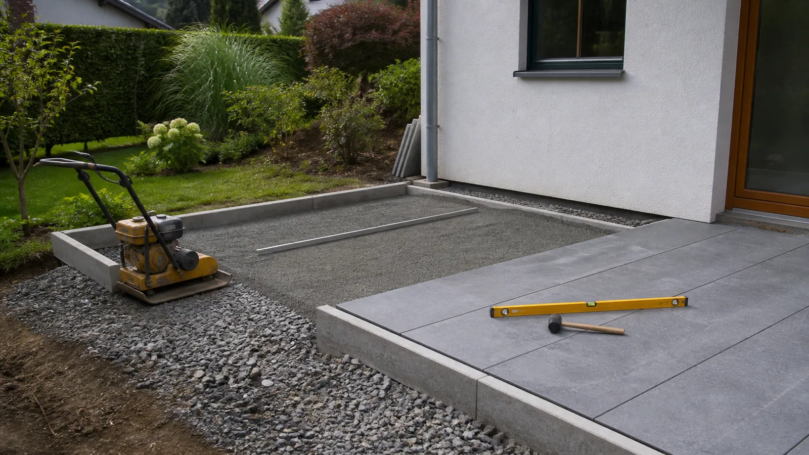 Unterbau einer Terrasse: verdichtete Tragschicht, abgezogenes Splittbett, Randeinfassung und erste verlegte Platten