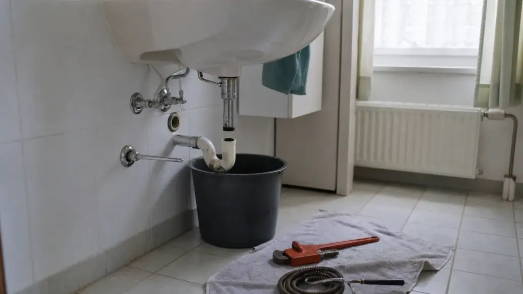 Siphon unter einem Waschbecken, darunter ein Eimer, auf dem Boden Rohrzange und Abflussspirale