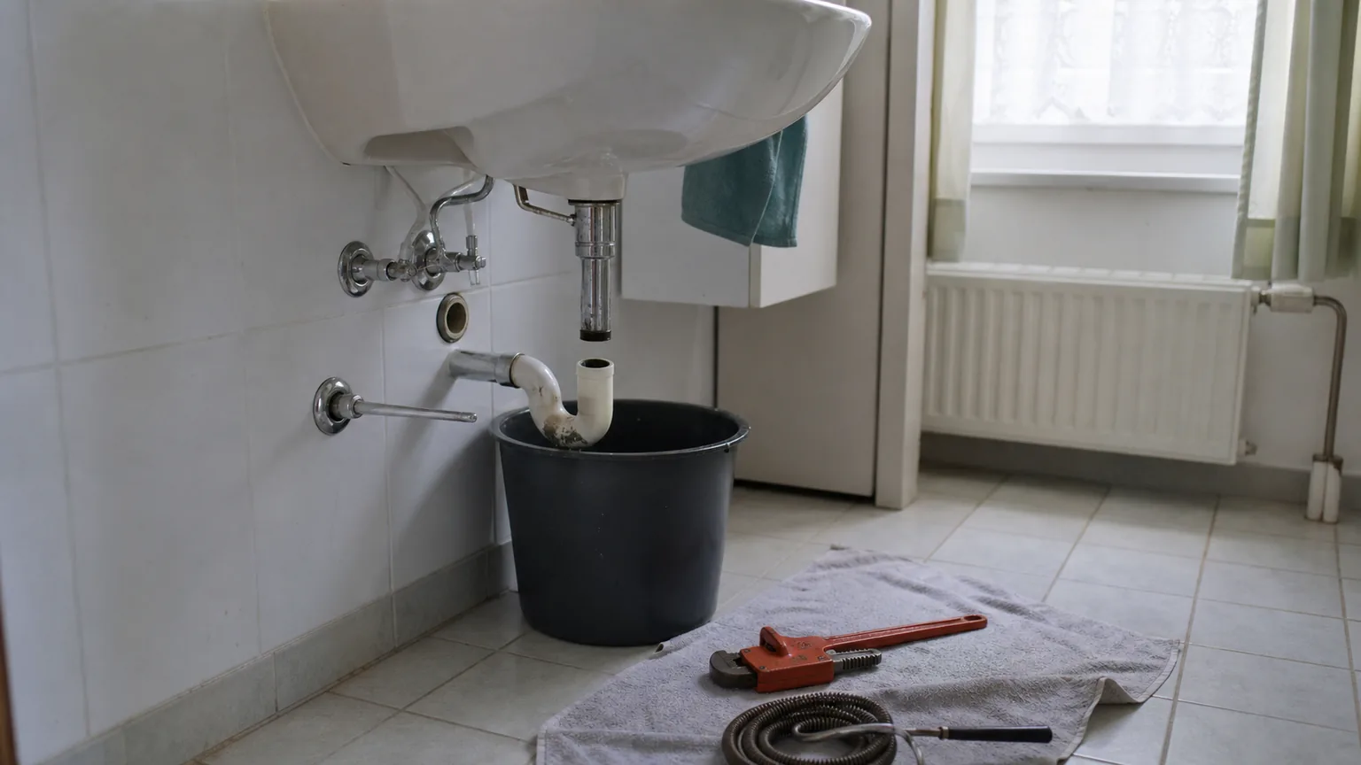 Siphon unter einem Waschbecken, darunter ein Eimer, auf dem Boden Rohrzange und Abflussspirale