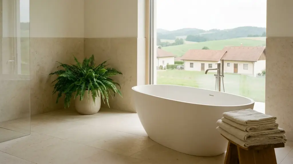 Freistehende ovale Badewanne vor einem Fenster mit Blick ins Grüne, daneben ein Farn und gestapelte Handtücher