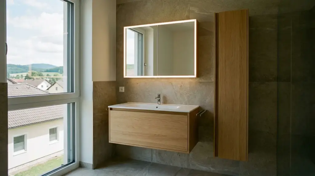 Badezimmer mit hängendem Holzwaschtisch, beleuchtetem Spiegel und schmalem Hochschrank
