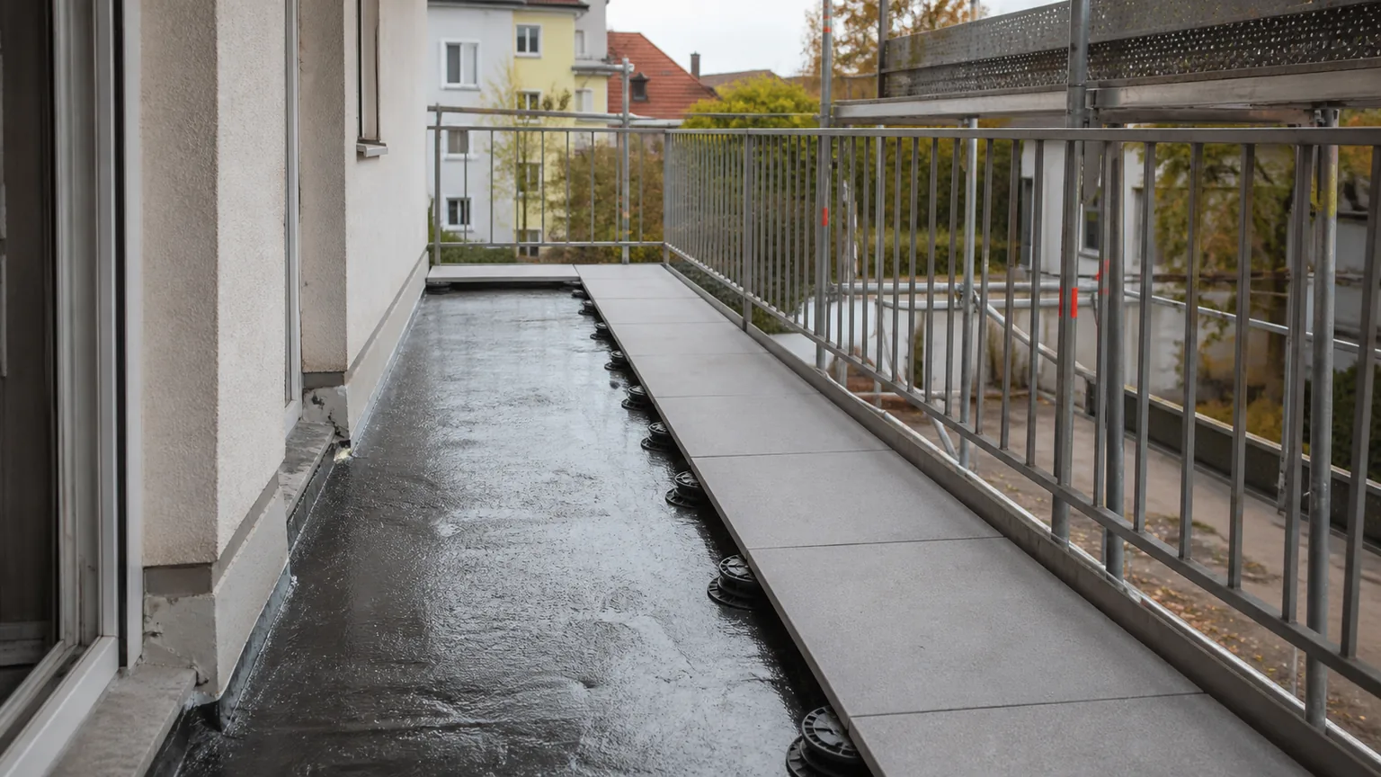 Balkon während der Sanierung mit frisch aufgebrachter schwarzer Abdichtung, verlegten Platten und Metallgeländer