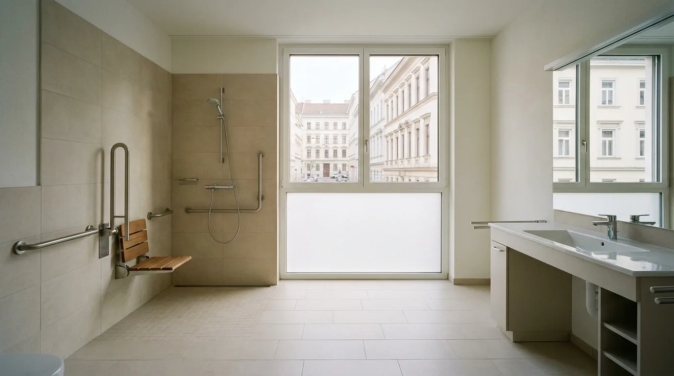 Barrierefreies Bad mit Haltegriffen, Duschklappsitz, bodengleicher Dusche und unterfahrbarem Waschtisch