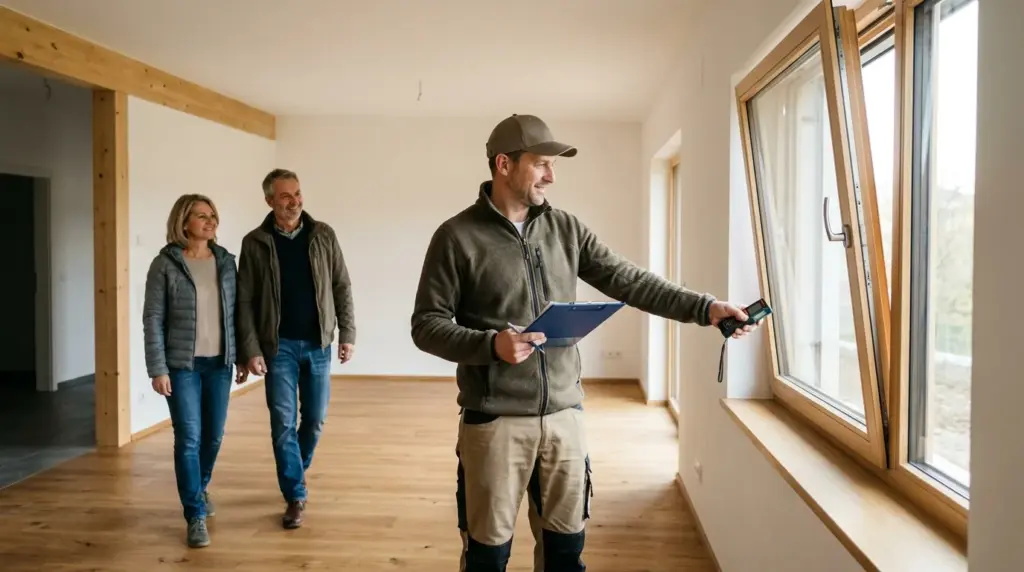 Bauleiter mit Klemmbrett führt zwei Personen durch einen fertiggestellten Neubau