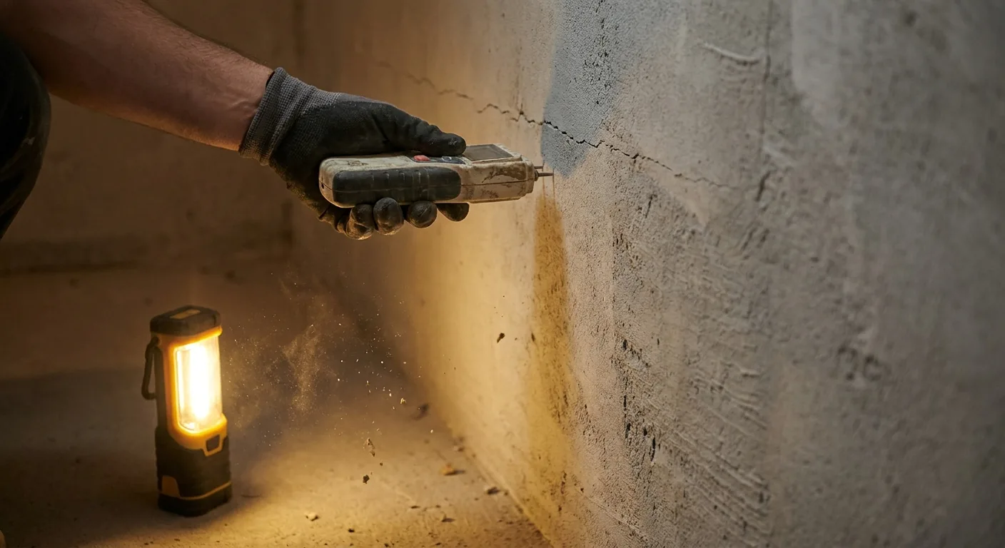 Feuchtigkeitsmessung an einer Kellerwand durch den Sachverständigen
