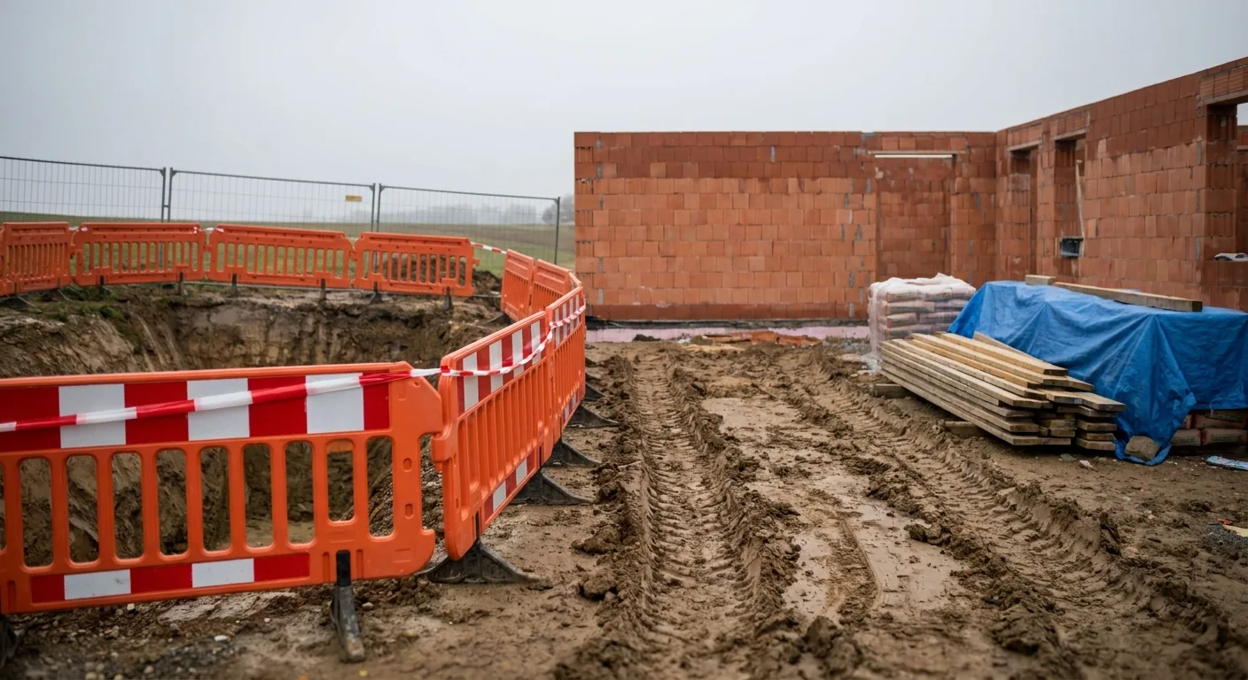Abgesicherte Baugrube mit Warnbaken auf einer österreichischen Einfamilienhaus-Baustelle