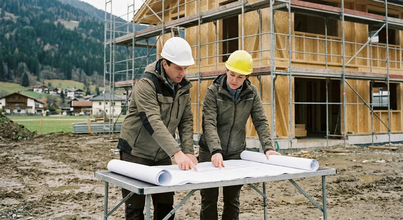 Bauherr und Bauleiter besprechen Pläne auf einer Hausbaustelle