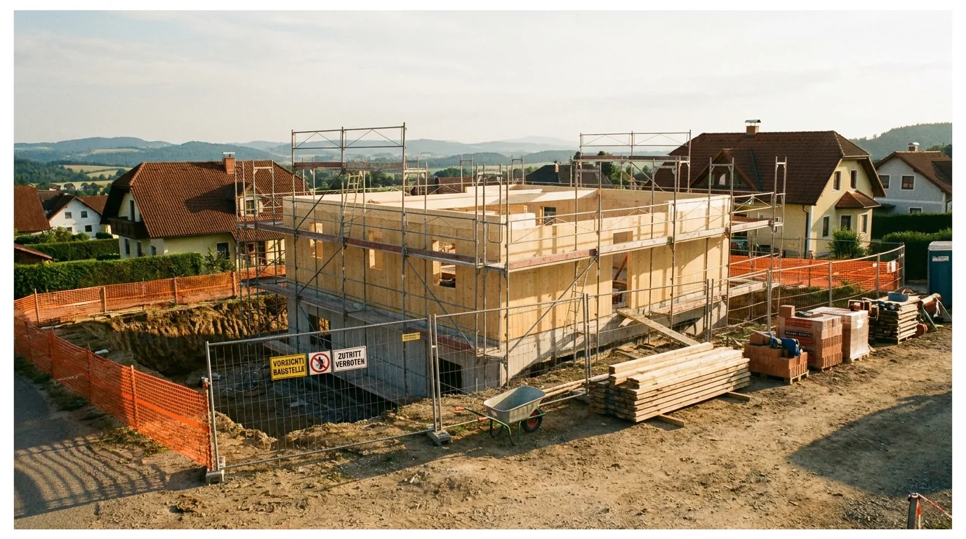 Eingerüstete Baustelle eines Holzhauses mit Bauzaun in einer Wohnsiedlung