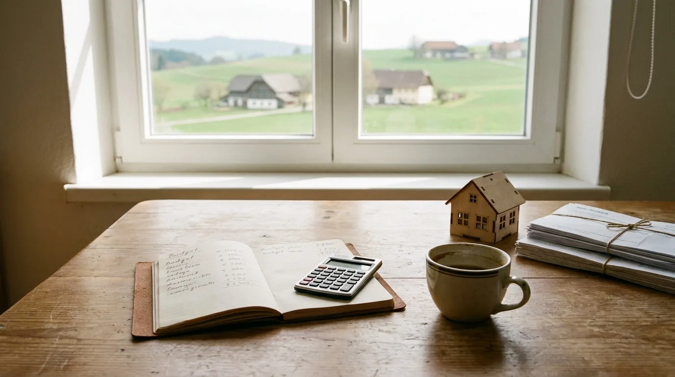 Notizbuch mit handschriftlichen Zahlen, Taschenrechner, Kaffeetasse und kleines Holzhaus auf einem Tisch am Fenster