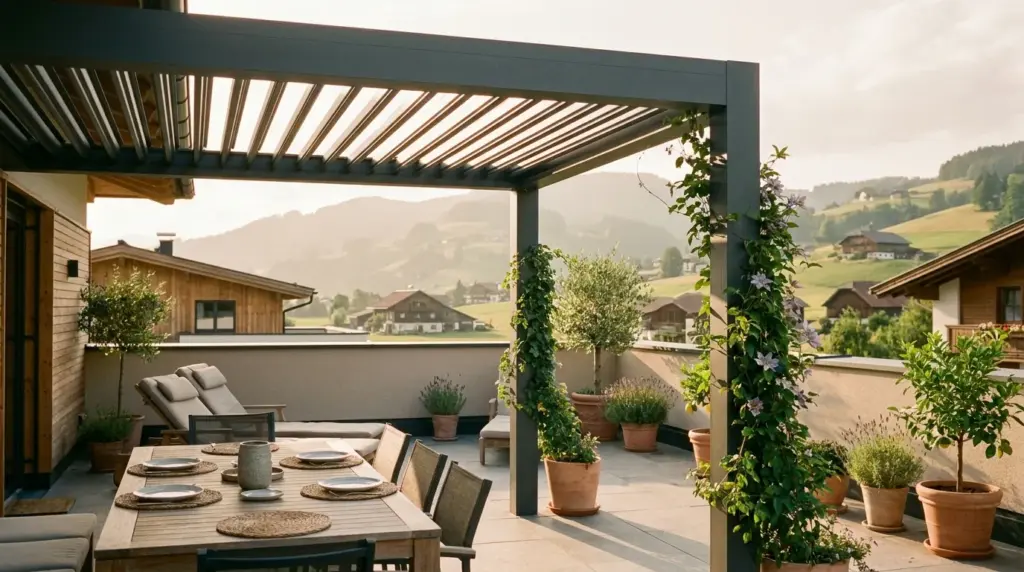 Lamellenpergola über einer Dachterrasse mit gedecktem Tisch, dahinter Bergpanorama