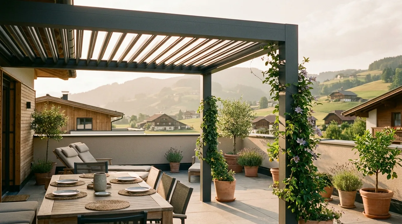 Lamellenpergola über einer Dachterrasse mit gedecktem Tisch, dahinter Bergpanorama