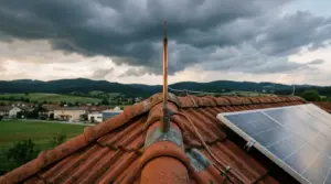 Fangstange mit Ableitung auf einem Ziegeldach neben einem Solarmodul, dahinter aufziehende Gewitterwolken