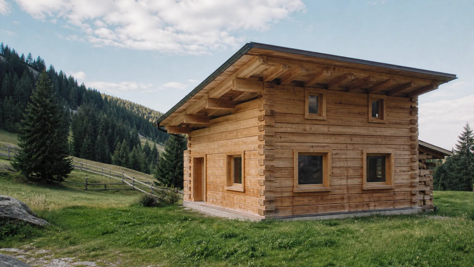 Blockhaus aus massiven Rundhölzern mit weitem Dachüberstand auf einer Almwiese vor Nadelwald