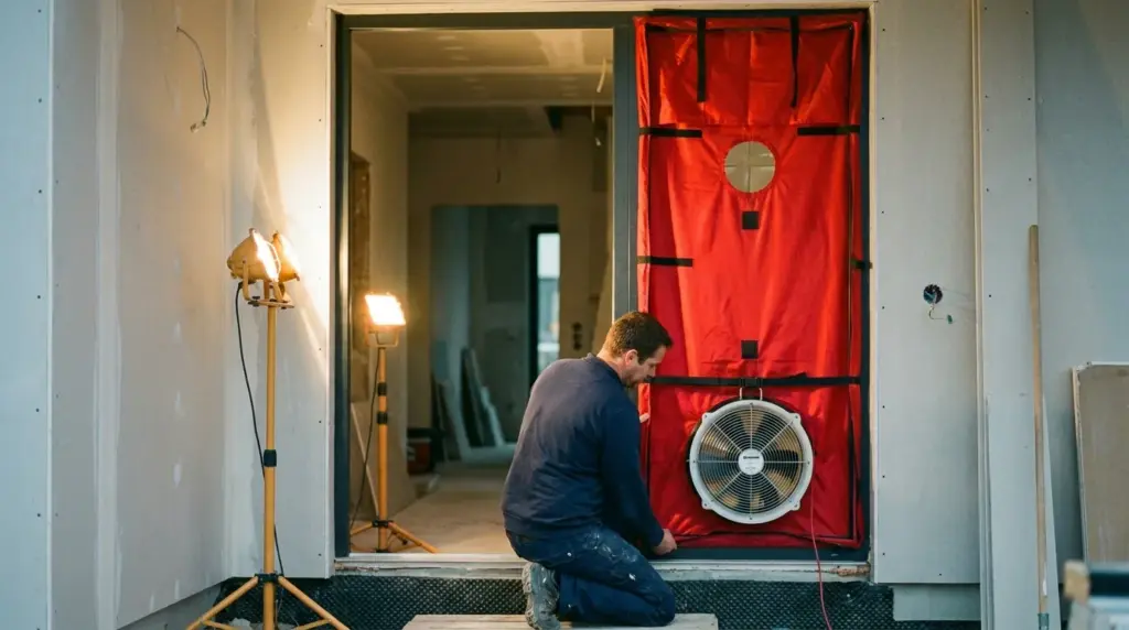 Rote Blower-Door-Messeinrichtung mit Gebläse in einer Türöffnung, davor ein knieender Prüfer