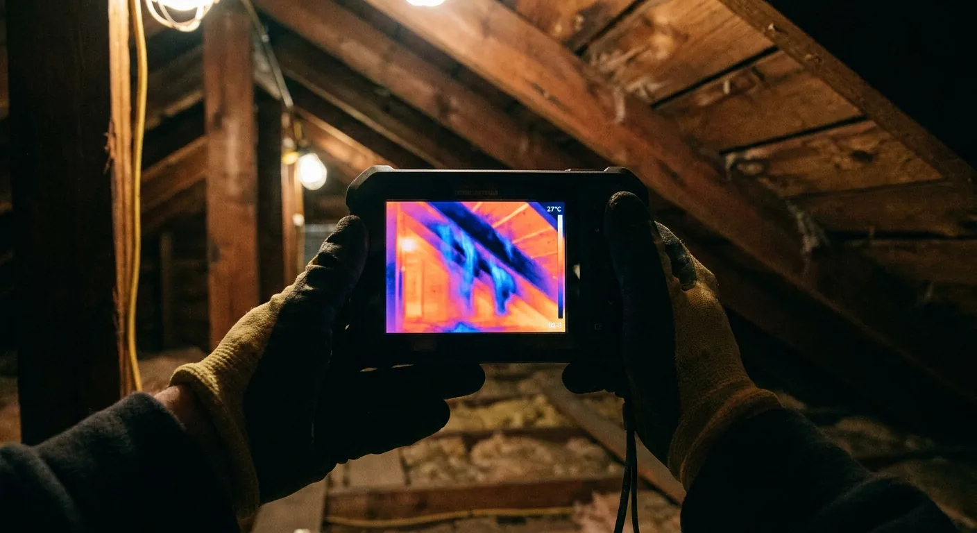 Thermografiekamera zeigt Kaltluftleckage an einem Dachsparren