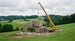 Mobilkran setzt versetzt gestapelte Holzmodule eines Modulhauses auf die Bodenplatte