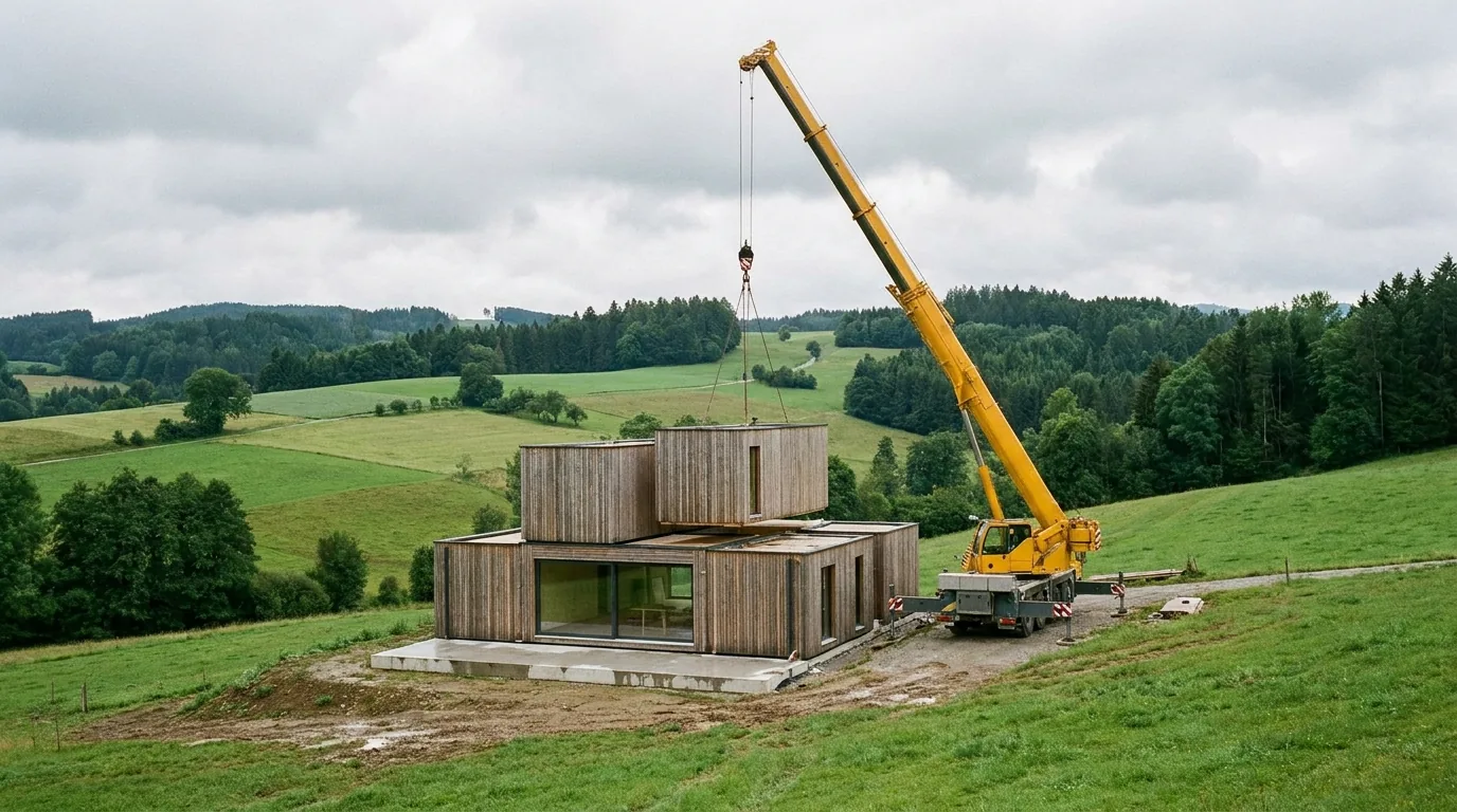 Mobilkran setzt versetzt gestapelte Holzmodule eines Modulhauses auf die Bodenplatte
