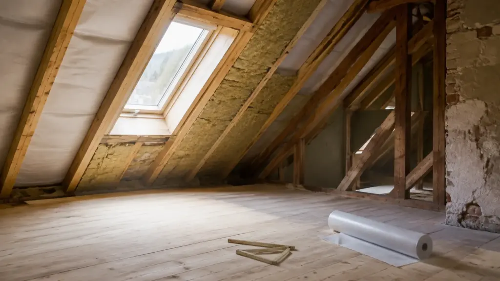 Ausgebauter Dachraum mit Zwischensparrendämmung, Dachflächenfenster und aufgerollter Dampfbremse