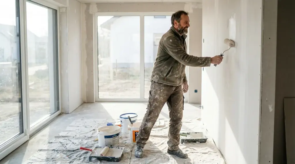 Mann verspachtelt eine Wand in einem leeren Rohbau, am Boden Werkzeug und Farbeimer