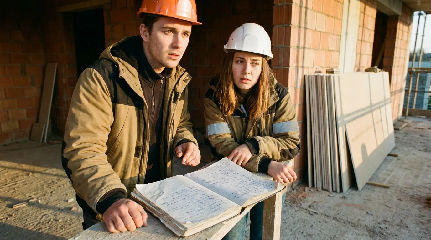 Bauherrenpaar prüft Bautagebuch und Arbeitsstunden auf der eigenen Baustelle