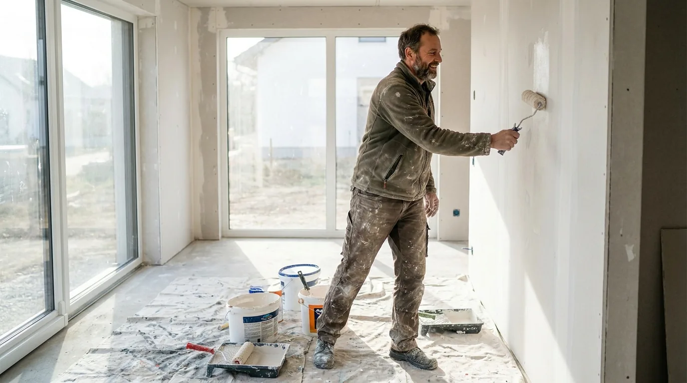 Mann verspachtelt eine Wand in einem leeren Rohbau, am Boden Werkzeug und Farbeimer