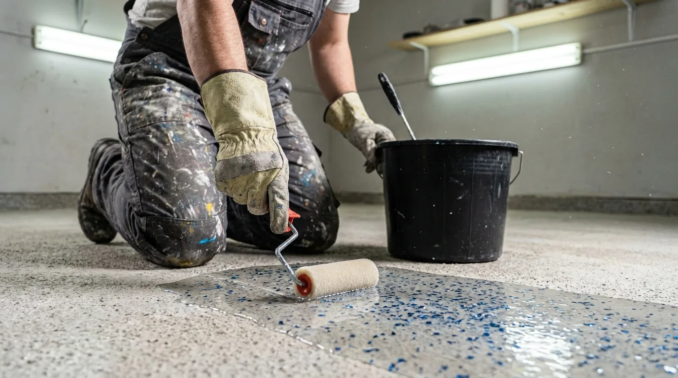 Epoxidharz-Bodenbeschichtung mit Rolle auf Betonboden auftragen