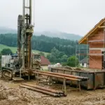 Bohrgerät für eine Erdwärmesonde auf einer Baustelle neben einem Rohbau, davor gestapeltes Bohrgestänge