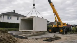 Mobilkran hebt ein Betonfertigteil einer Garage über die vorbereitete Fundamentplatte