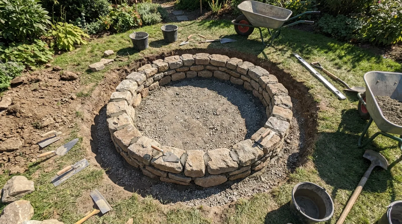Feuerstelle im Garten selber bauen mit Kiesschicht und erster Steinreihe