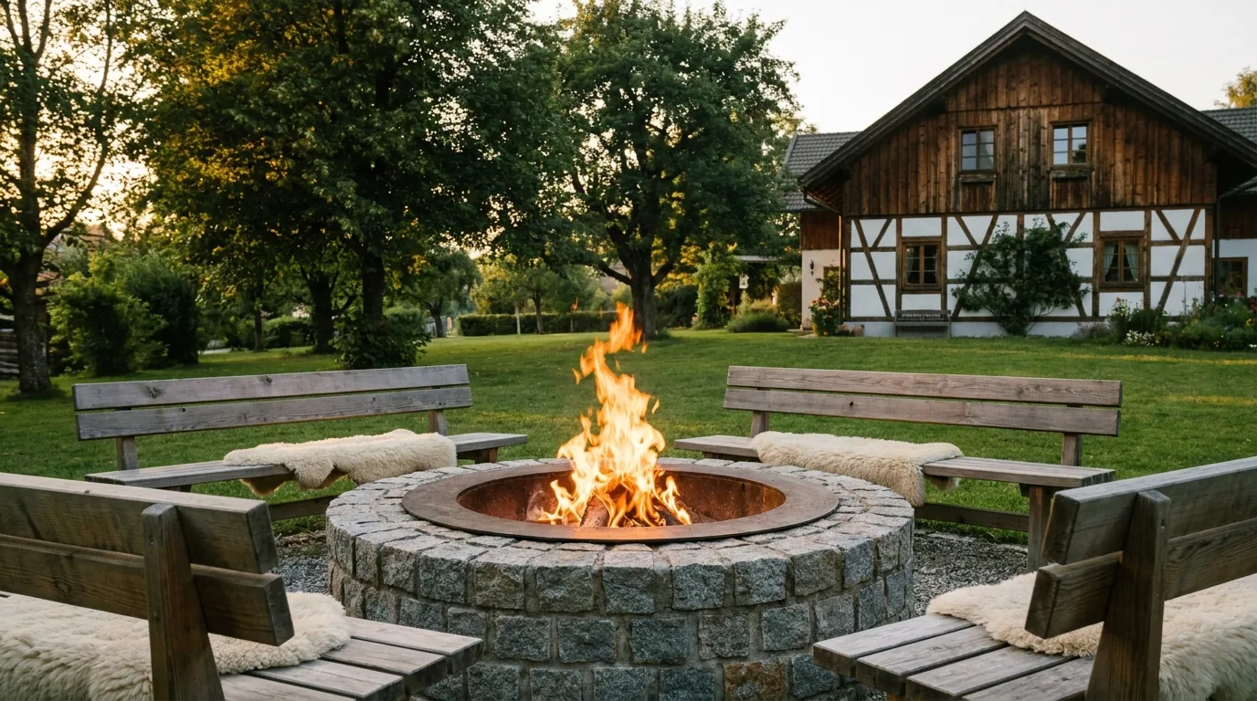 Runde gemauerte Feuerstelle mit brennendem Feuer, umgeben von Holzbänken mit Fellen, dahinter ein Bauernhaus