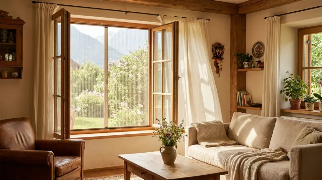 Geöffnetes Holzfenster mit Insektenschutzgitter in einer Stube mit Blick in den Garten