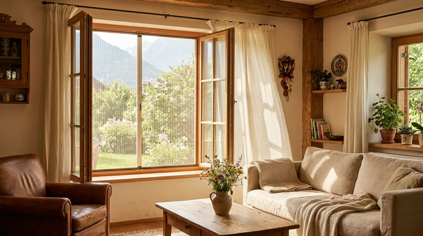 Geöffnetes Holzfenster mit Insektenschutzgitter in einer Stube mit Blick in den Garten