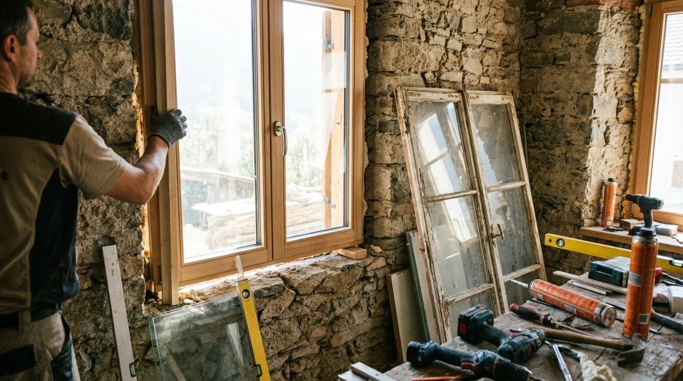 Handwerker setzt ein neues Fenster in eine Natursteinwand ein, die alten Flügel stehen daneben