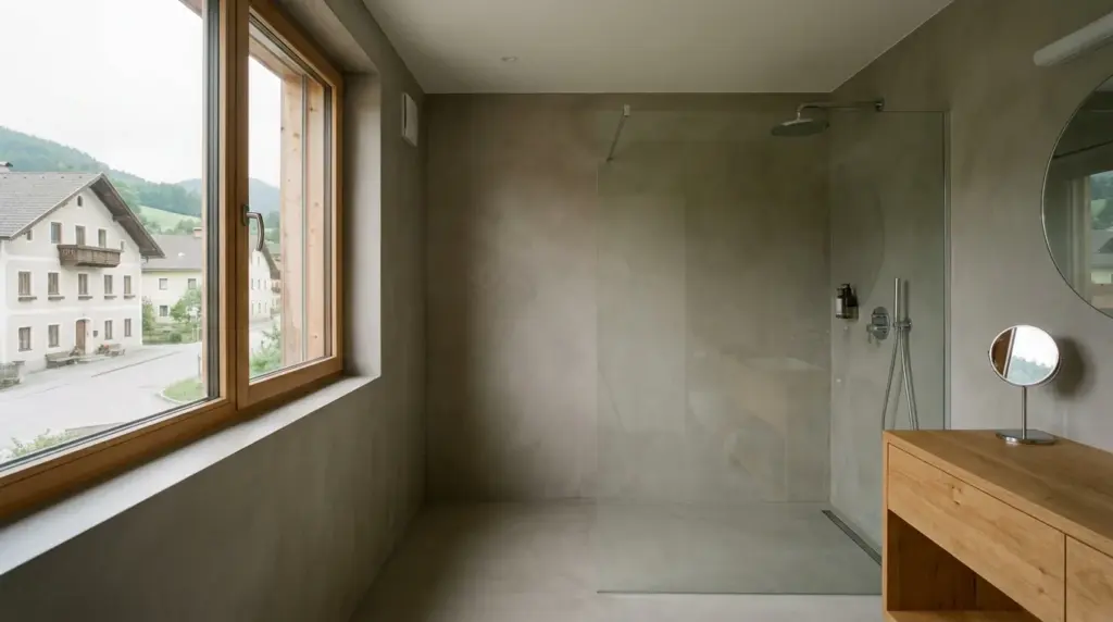 Bad mit fugenlosen Wänden in Betonoptik, Dusche hinter Glas, Rundspiegel und Holzwaschtisch