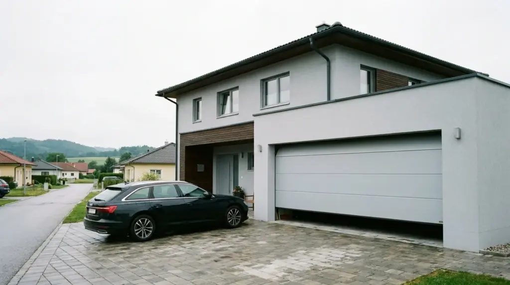 Doppelgarage mit hellem Sektionaltor an einem Einfamilienhaus, davor ein Kombi auf gepflasterter Zufahrt