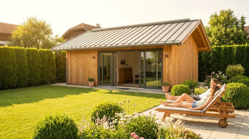 Modernes Gartenhaus mit Holzfassade und Glasschiebetür im Garten, davor ein Liegestuhl